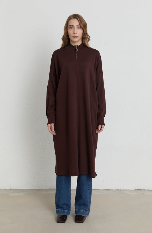 Fermuarlı Acı Kahve Maksi Merserize Triko Tunik