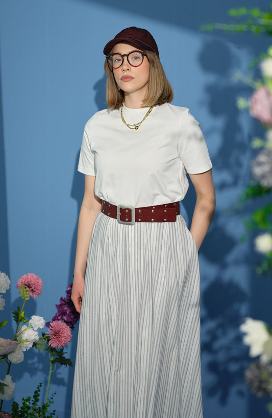 Çizgili Pileli Gri Etek