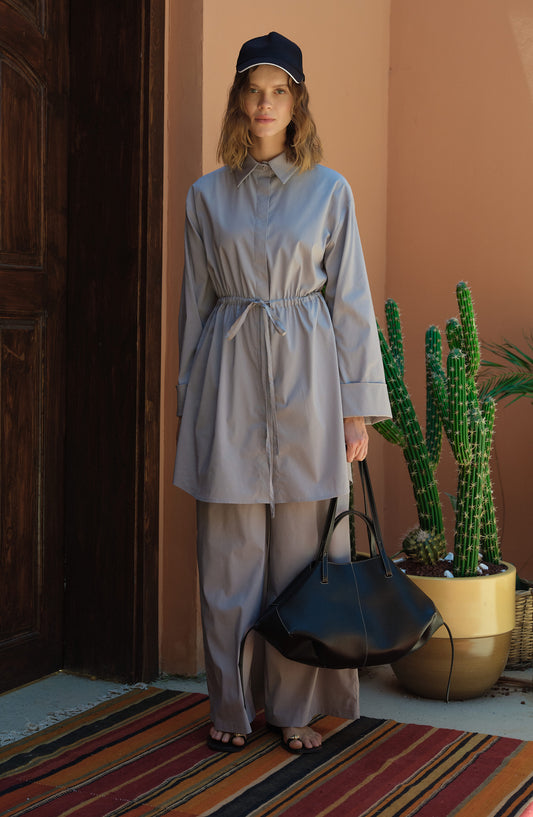 Tünel Büzgülü Gri Pamuk Gömlek