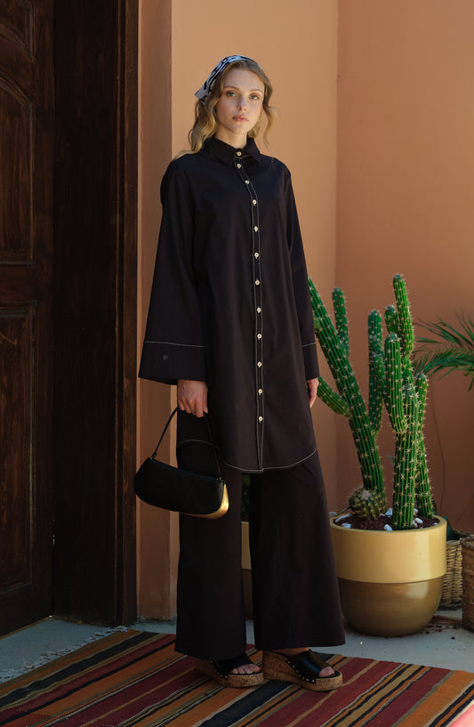 Spor Dikişli Siyah Pamuk Gömlek