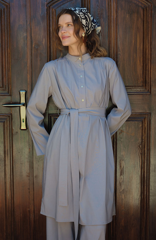 Omuz Büzgülü Bağlamalı Gri Pamuk Tunik