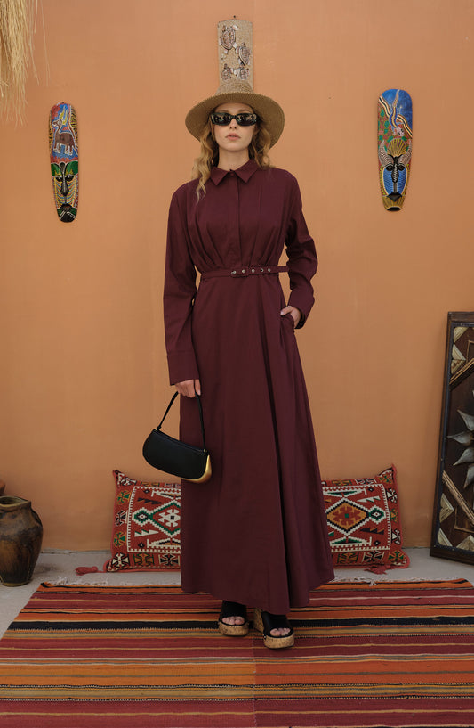 Pileli Kaplama Kemerli Vişne Pamuk Elbise