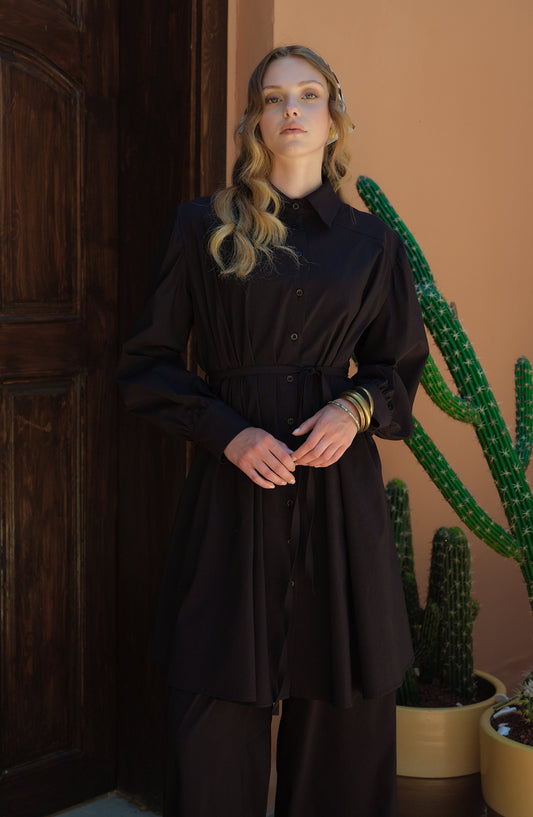 Oversize Bağlamalı Siyah Pamuk Gömlek