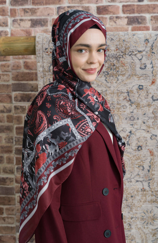Hibisca Siyah Bordo Etnik Desenli Şal