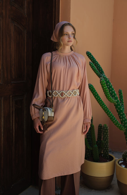 Büzgülü Bağlamalı Maksi Soft Pembe Tunik