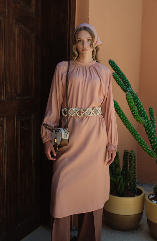 Büzgülü Bağlamalı Maksi Soft Pembe Tunik
