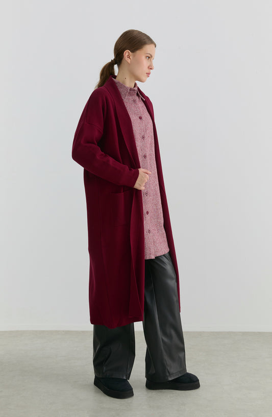 Cepli Maksi Bordo Triko Hırka