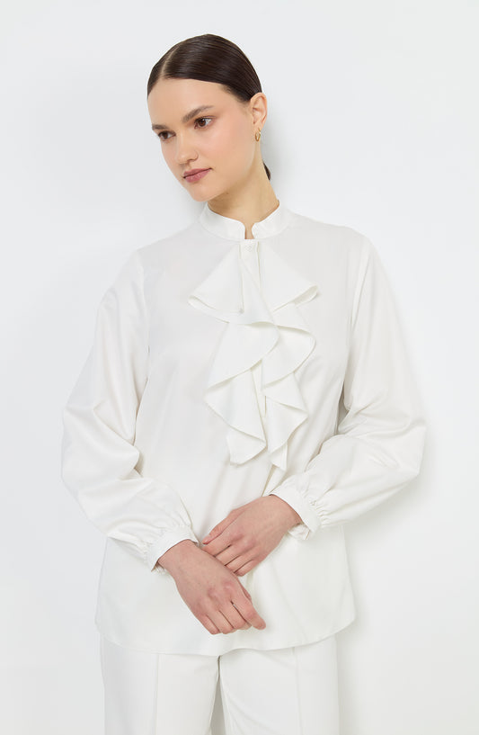 Volanlı Ekru Midi Gömlek