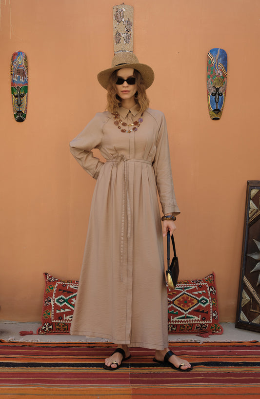 Spor Dikişli Nervürlü Sütlü Kahve Elbise