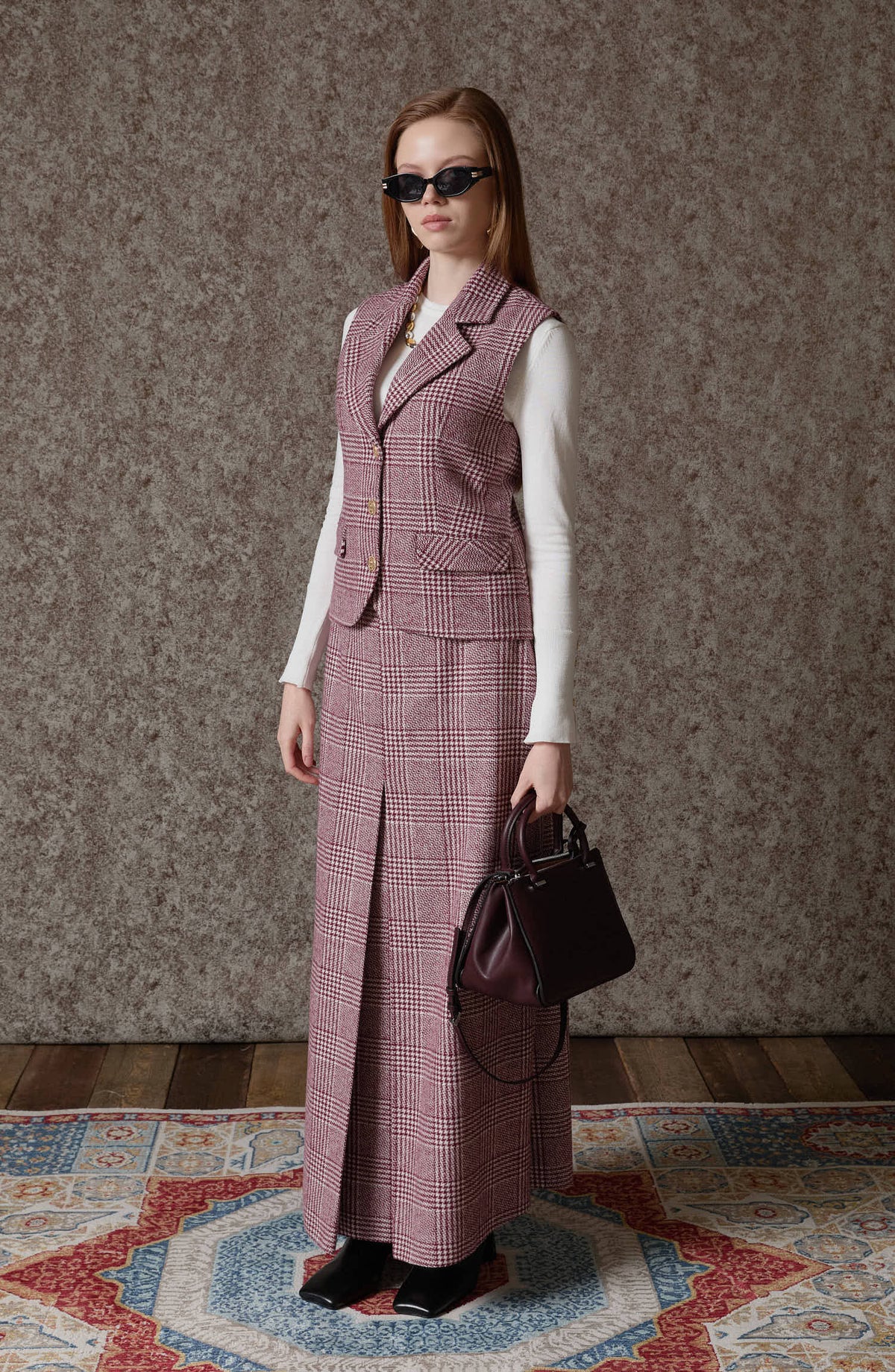 Ekose Kazayağı Blazer Bordo Yelek Etek Takım