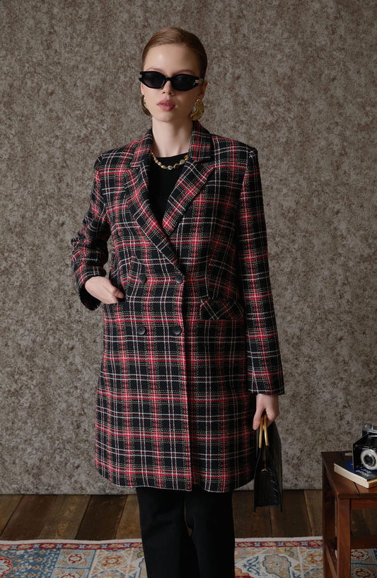 Ekose Bordo Tüvit Palazzo Ceket