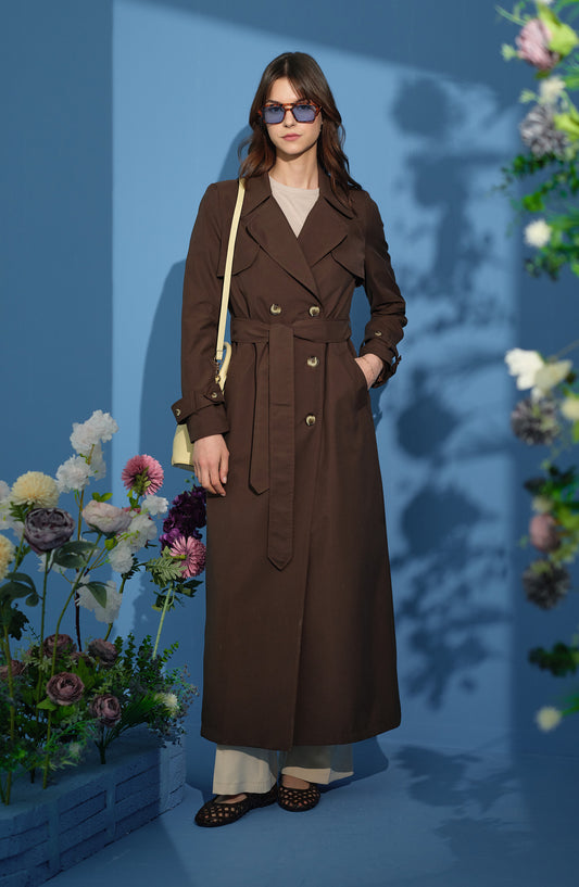 Rüzgarlıklı Maksi Trençkot Acı Kahve