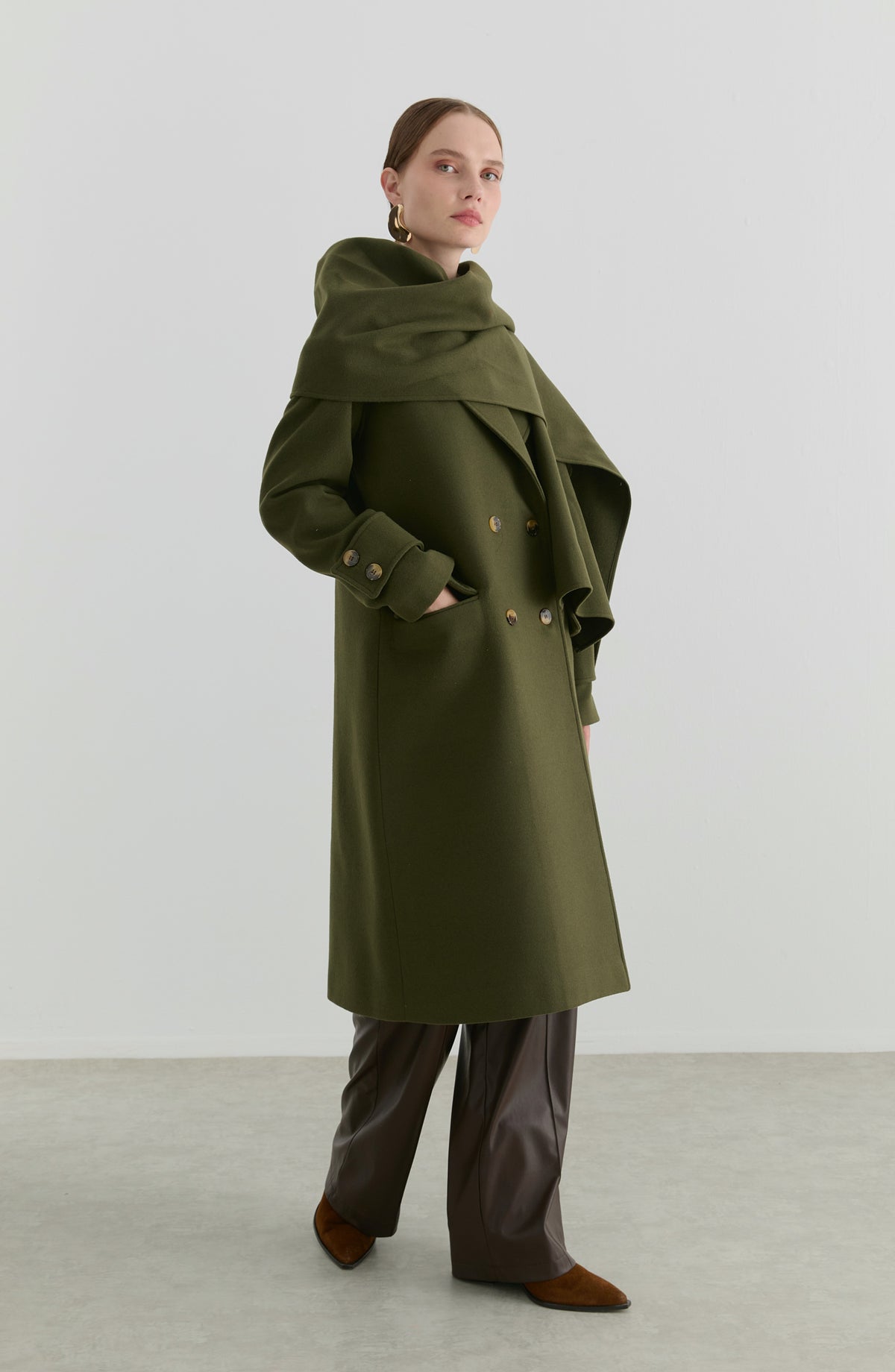 Oversize Atkılı Haki Kaşmir Kaban