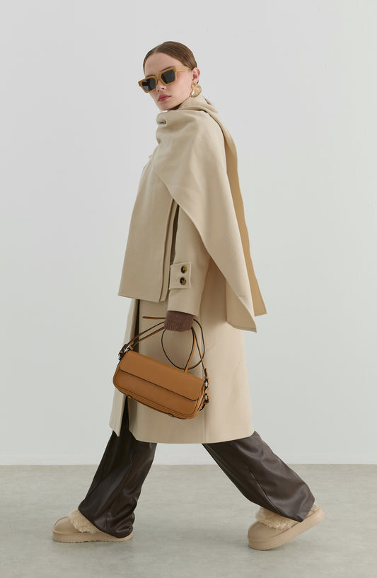 Oversize Atkılı Bej Kaşmir Kaban