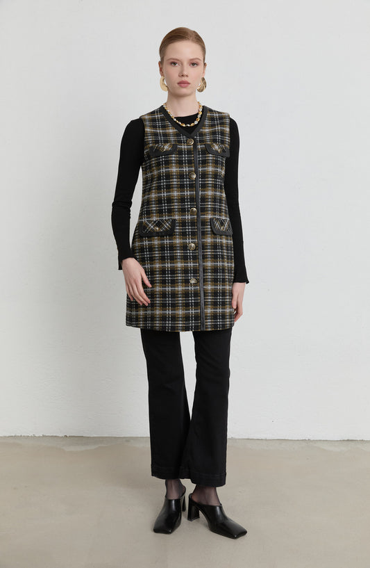 Deri Biyeli Siyah Ekose Tüvit Yelek