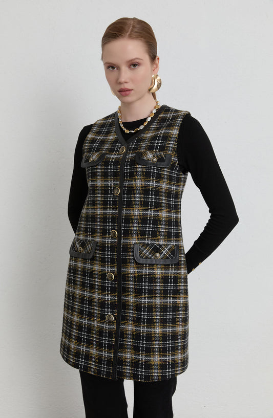 Deri Biyeli Siyah Ekose Tüvit Yelek