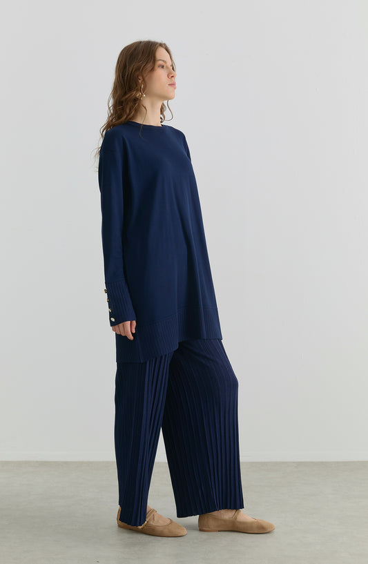 Piliseli Pantolonlu Lacivert Merserize Triko İkili Takım