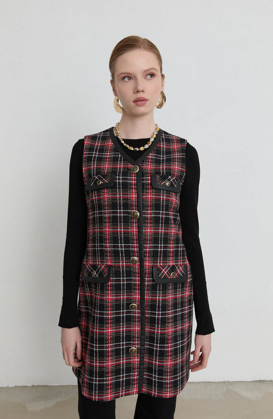 Deri Biyeli Bordo Ekose Tüvit Yelek