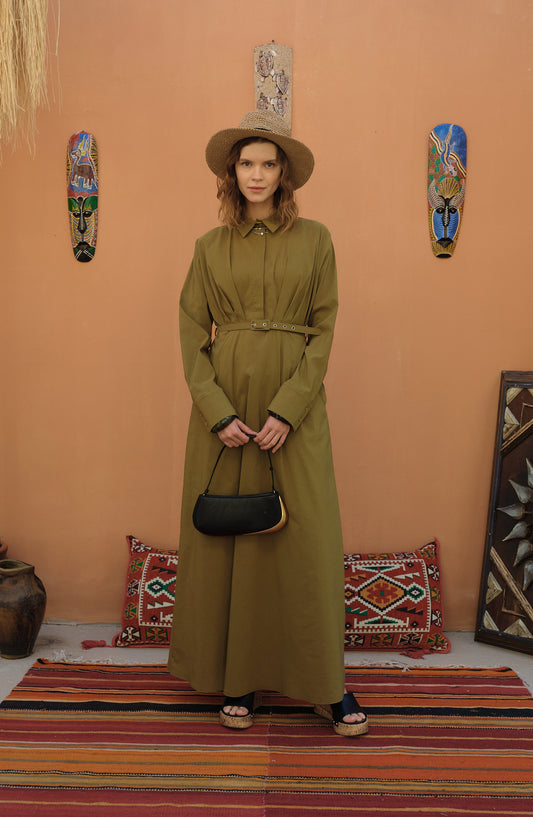 Pileli Kaplama Kemerli Yağ Yeşili Pamuk Elbise