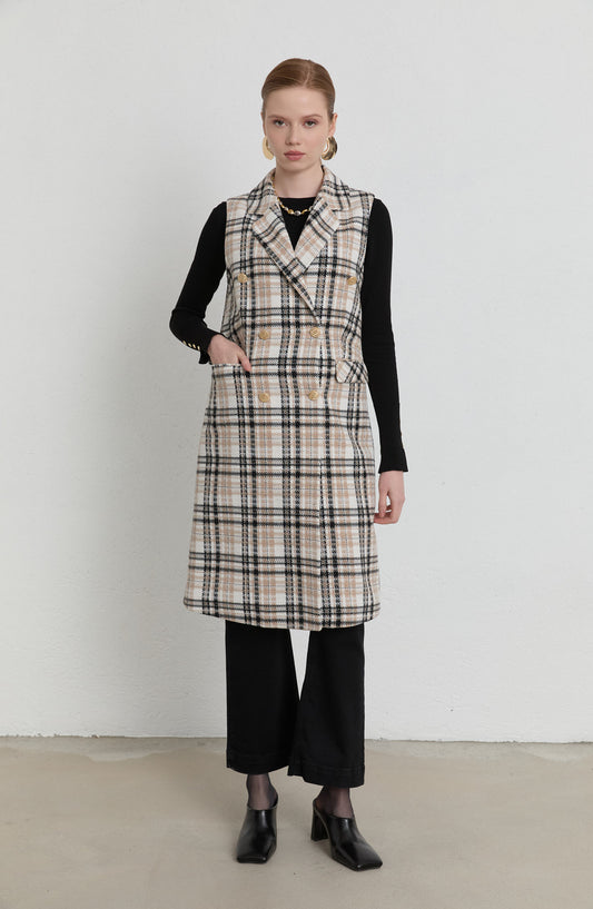 Ekose Tüvit Taş Blazer Yelek