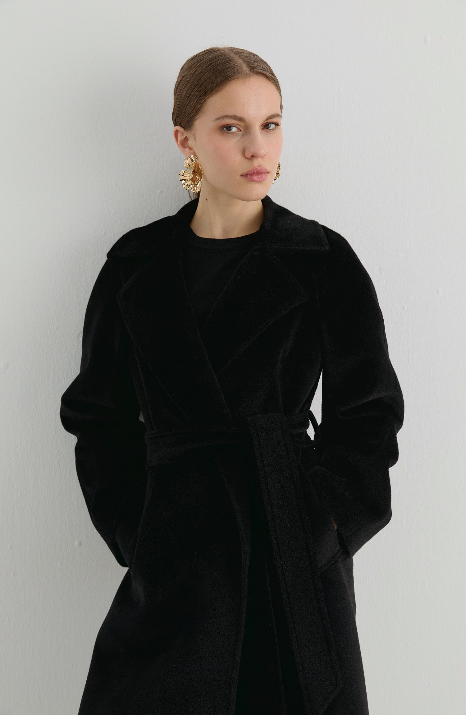 Oversize Tay Tüyü Siyah Basic Kaban