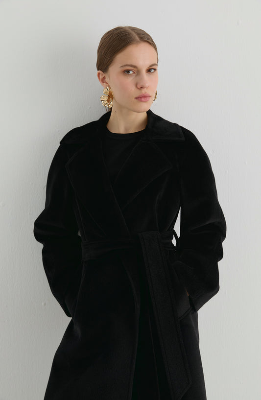 Oversize Tay Tüyü Siyah Basic Kaban