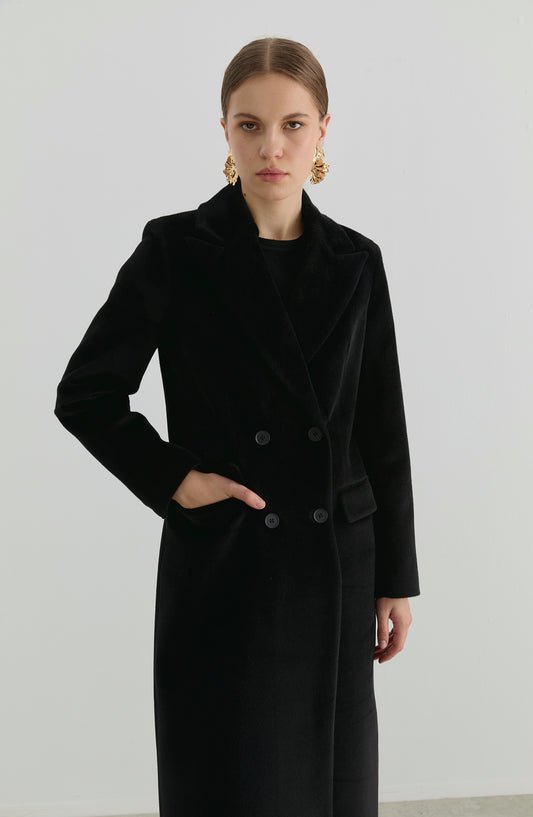 Maksi Tay Tüyü Siyah Ceket Kaban