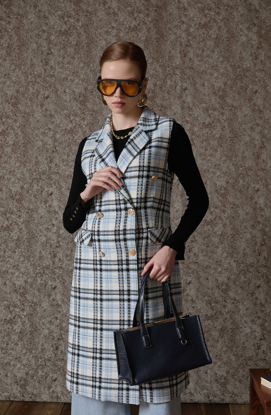 Ekose Tüvit Bebe Mavi Blazer Yelek