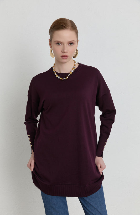 Gold Düğmeli Mürdüm Basic Merserize Triko Kazak