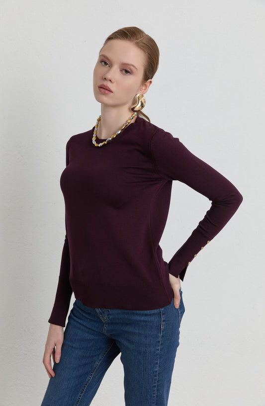 Gold Düğmeli Kısa Mürdüm Basic Merserize Triko Kazak