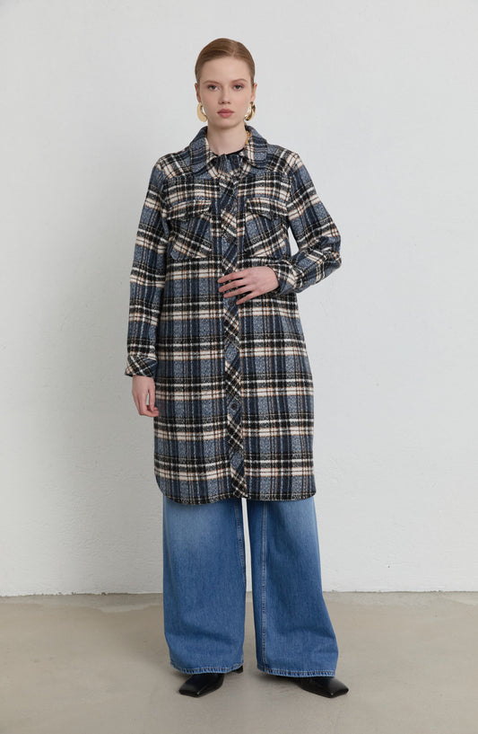 Körük Cepli Lacivert Ekose Kaşe Gömlek Ceket