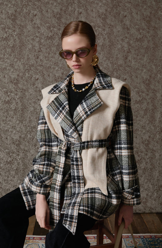 Ekose Kaşe Bağlamalı Haki Midi Ceket Kaban