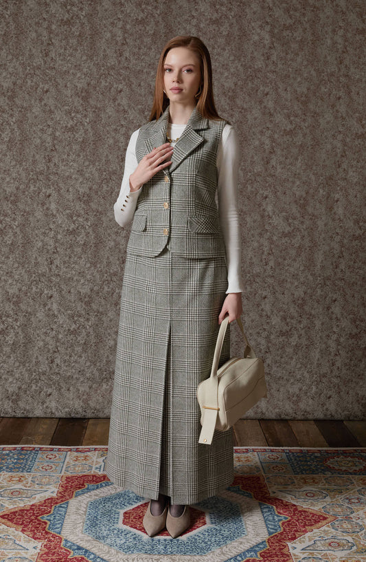 Ekose Kazayağı Blazer Haki Yelek Etek Takım