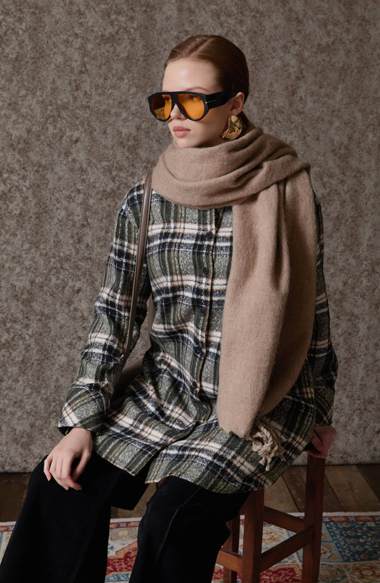 Oversize Haki Ekose Kaşe Gömlek Ceket