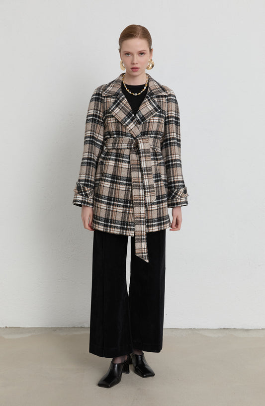 Ekose Kaşe Bağlamalı Taş Midi Ceket Kaban