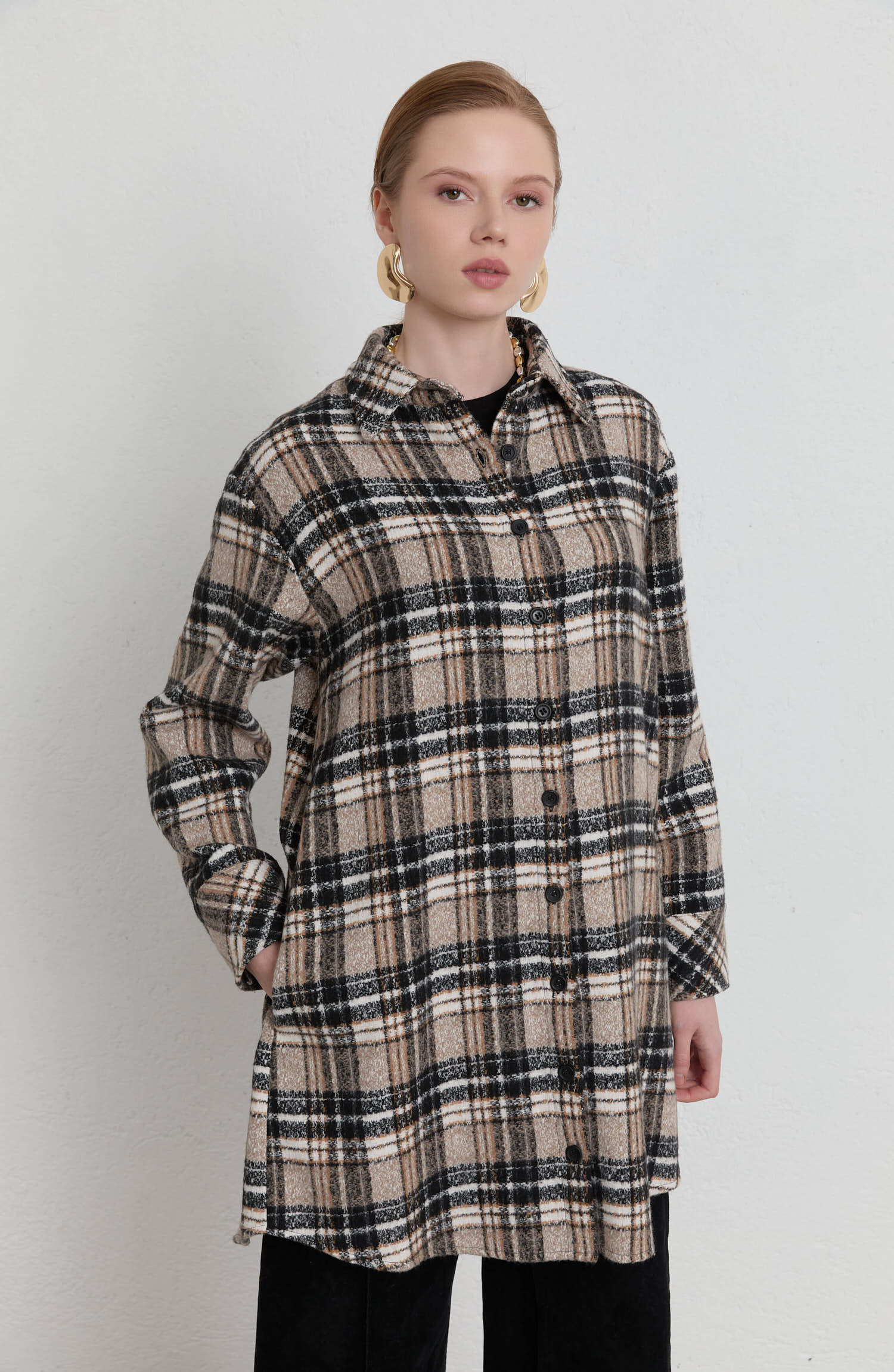 Oversize Taş Ekose Kaşe Gömlek Ceket