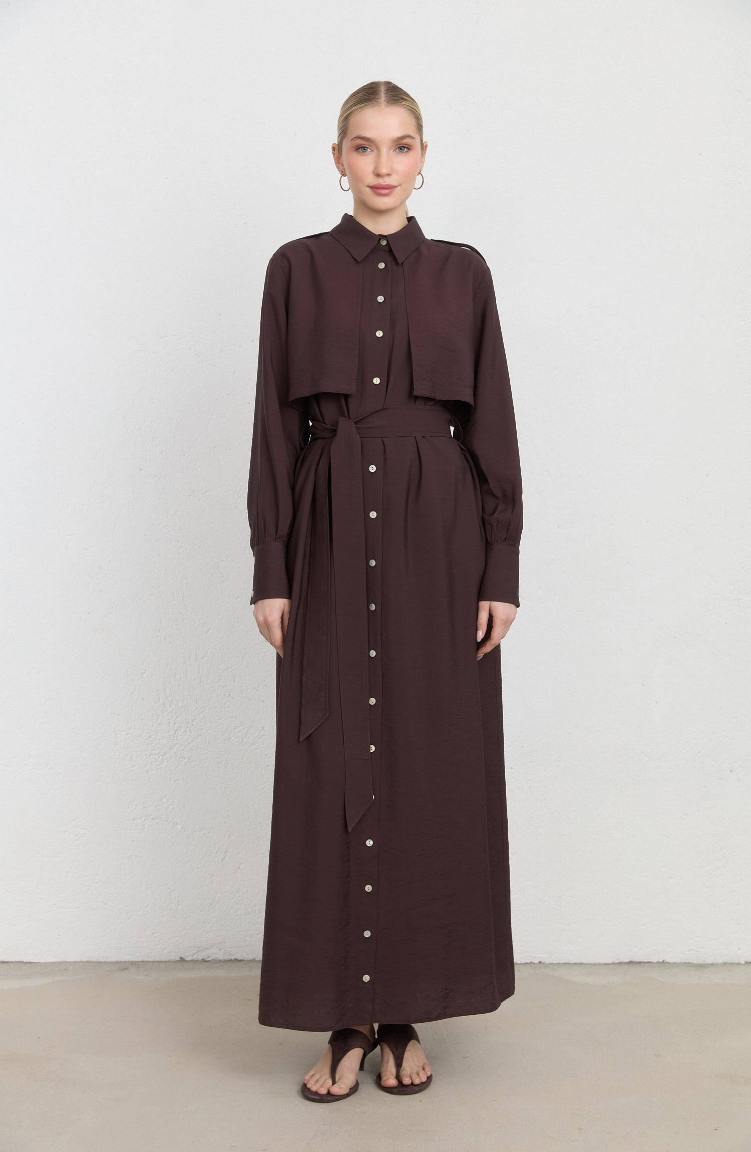 Rüzgarlıklı Giy-Çık Acı Kahve Rayon Trenç Elbise