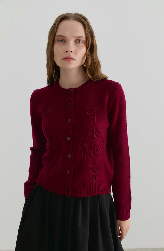 Çiçek Nakışlı Bordo Kısa Triko Hırka