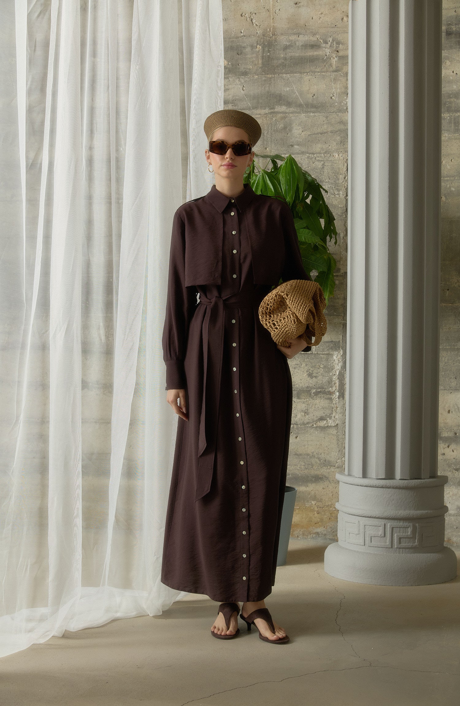 Rüzgarlıklı Giy-Çık Acı Kahve Rayon Trenç Elbise
