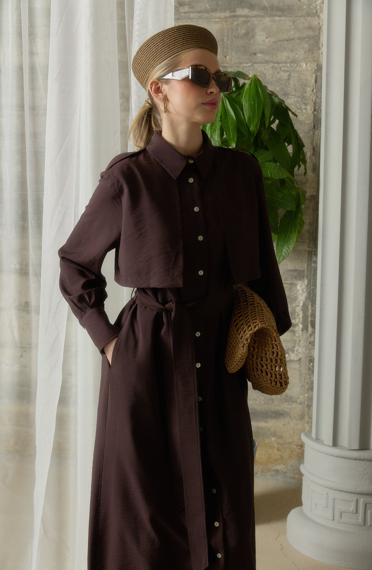 Rüzgarlıklı Giy-Çık Acı Kahve Rayon Trenç Elbise