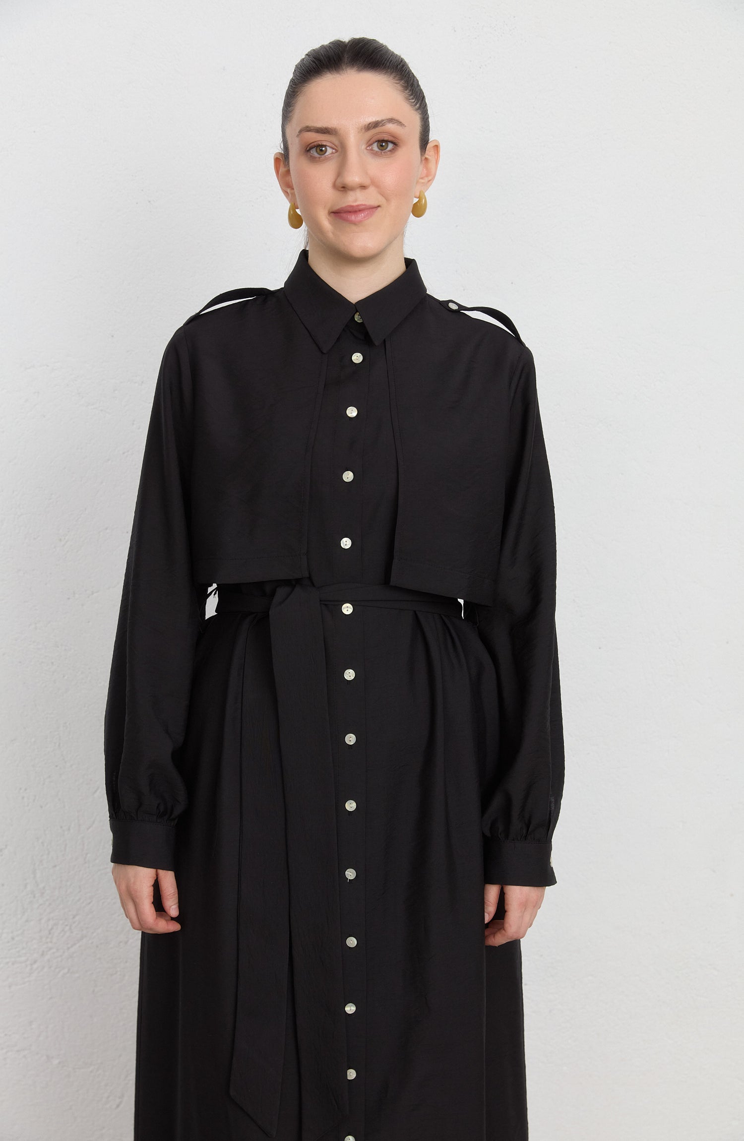 Rüzgarlıklı Giy-Çık Siyah Rayon Trenç Elbise