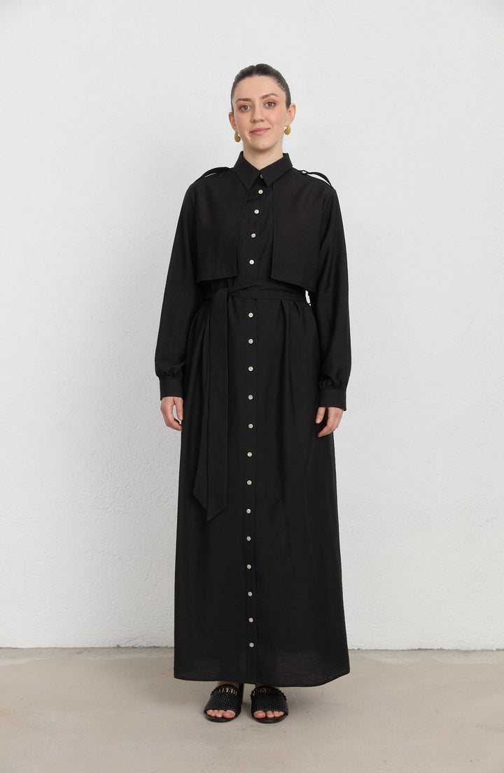 Rüzgarlıklı Giy-Çık Siyah Rayon Trenç Elbise