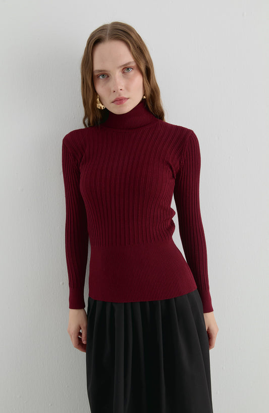 Basic Balıkçı Yaka Bordo Fitilli Triko Kazak