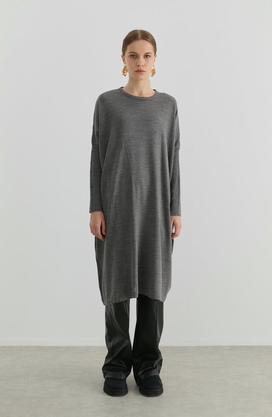 Oversize Maksi Gri Triko Tunik