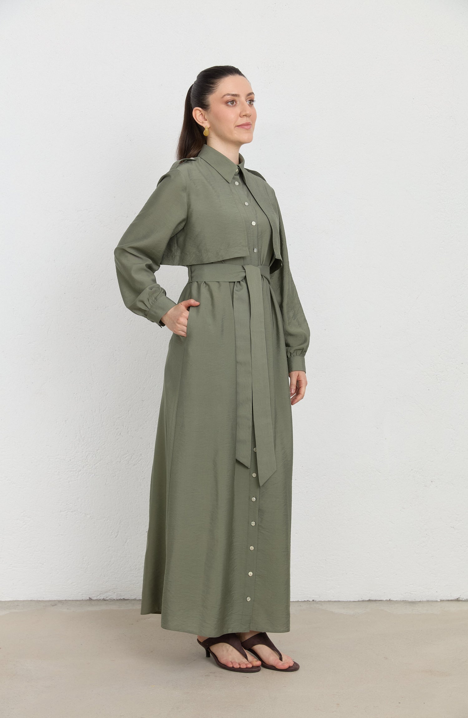 Rüzgarlıklı Giy-Çık Haki Rayon Trenç Elbise