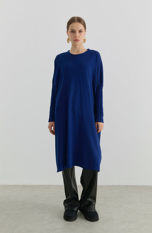 Oversize Maksi İndigo Triko Tunik