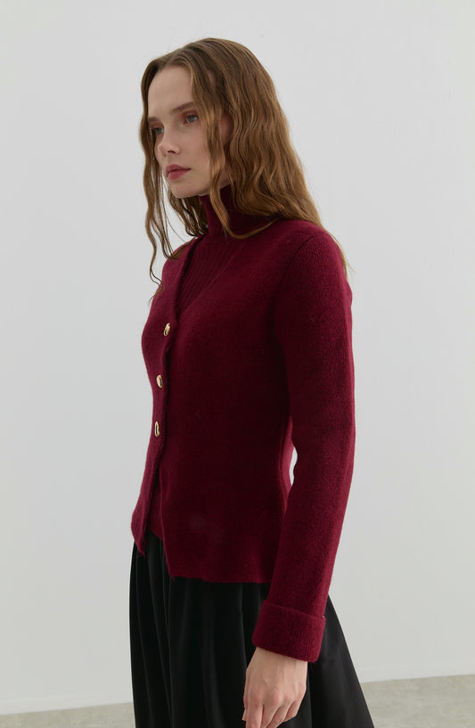 Gold Düğmeli Bordo Yumoş Triko Hırka