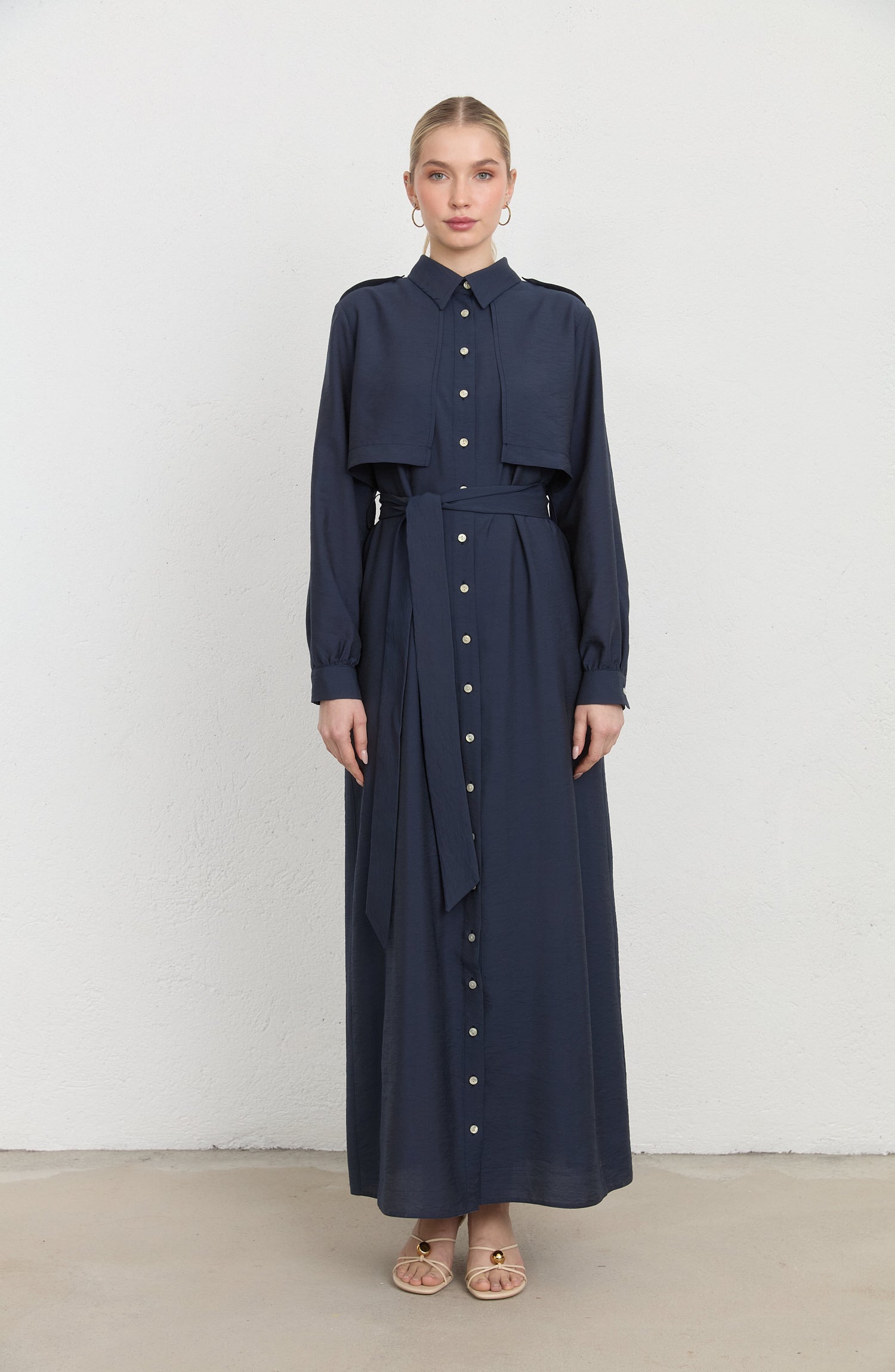 Rüzgarlıklı Giy-Çık Lacivert Rayon Trenç Elbise