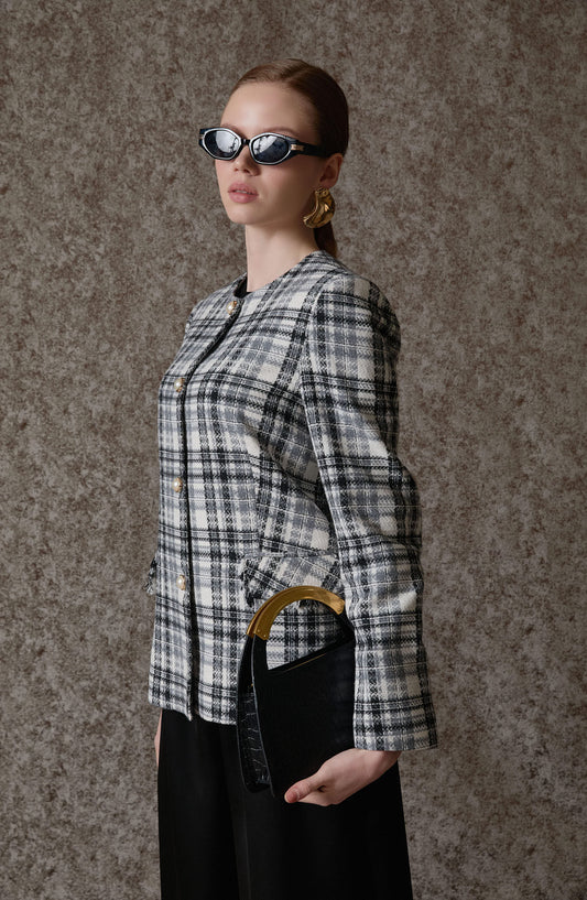 Kuplu Ekose Gri Tüvit Ceket