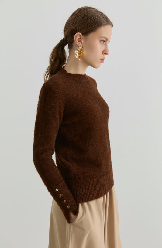 Gold Düğmeli Acı Kahve Kısa Basic Yumoş Triko Kazak